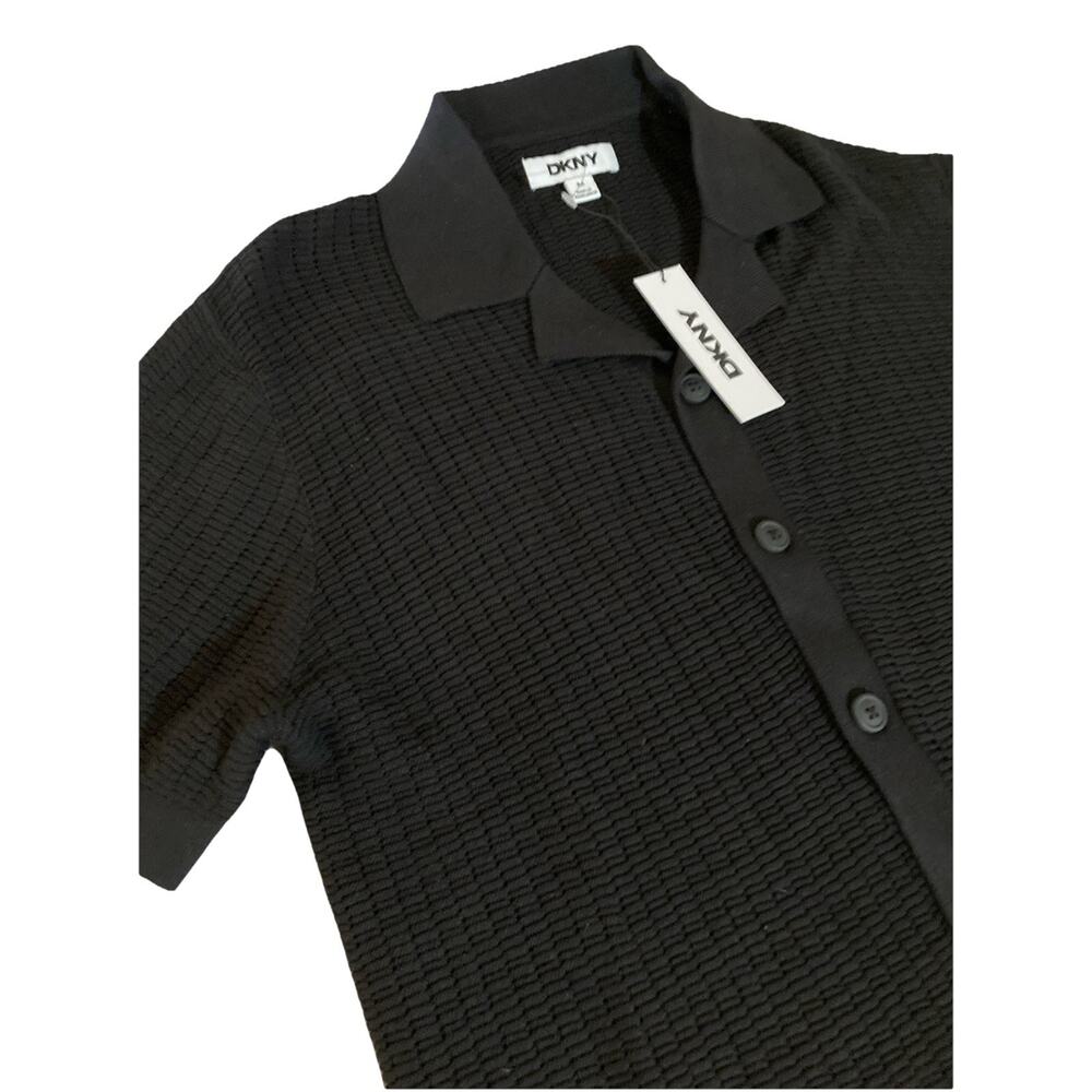 DKNY Grid‎ Knit Crochet Camp Shirt Men Sz M Black Button Up Coastal Preppy Retro